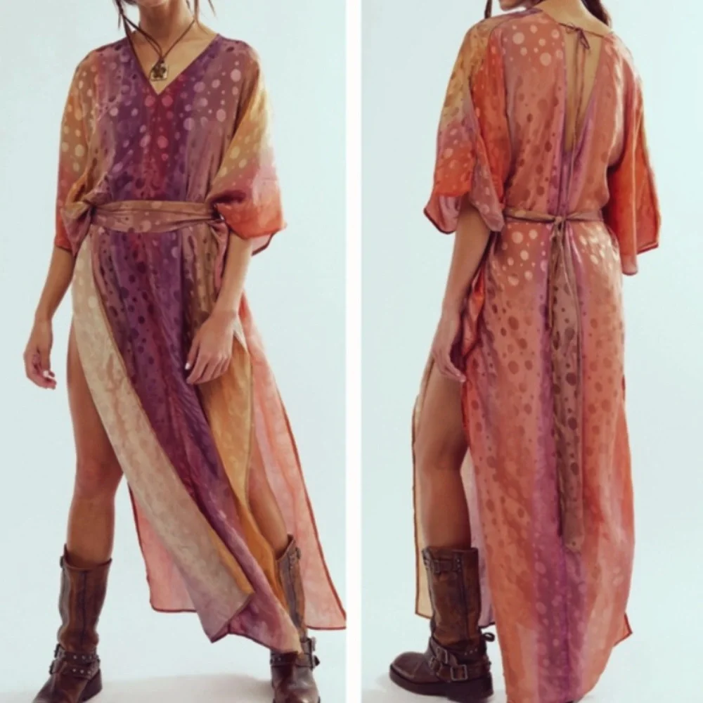 FREE PEOPLE ELECTRIC UNIVERSE BELTED SILKY KAFTAN REVERSIBLE MAXI DRESS ML
